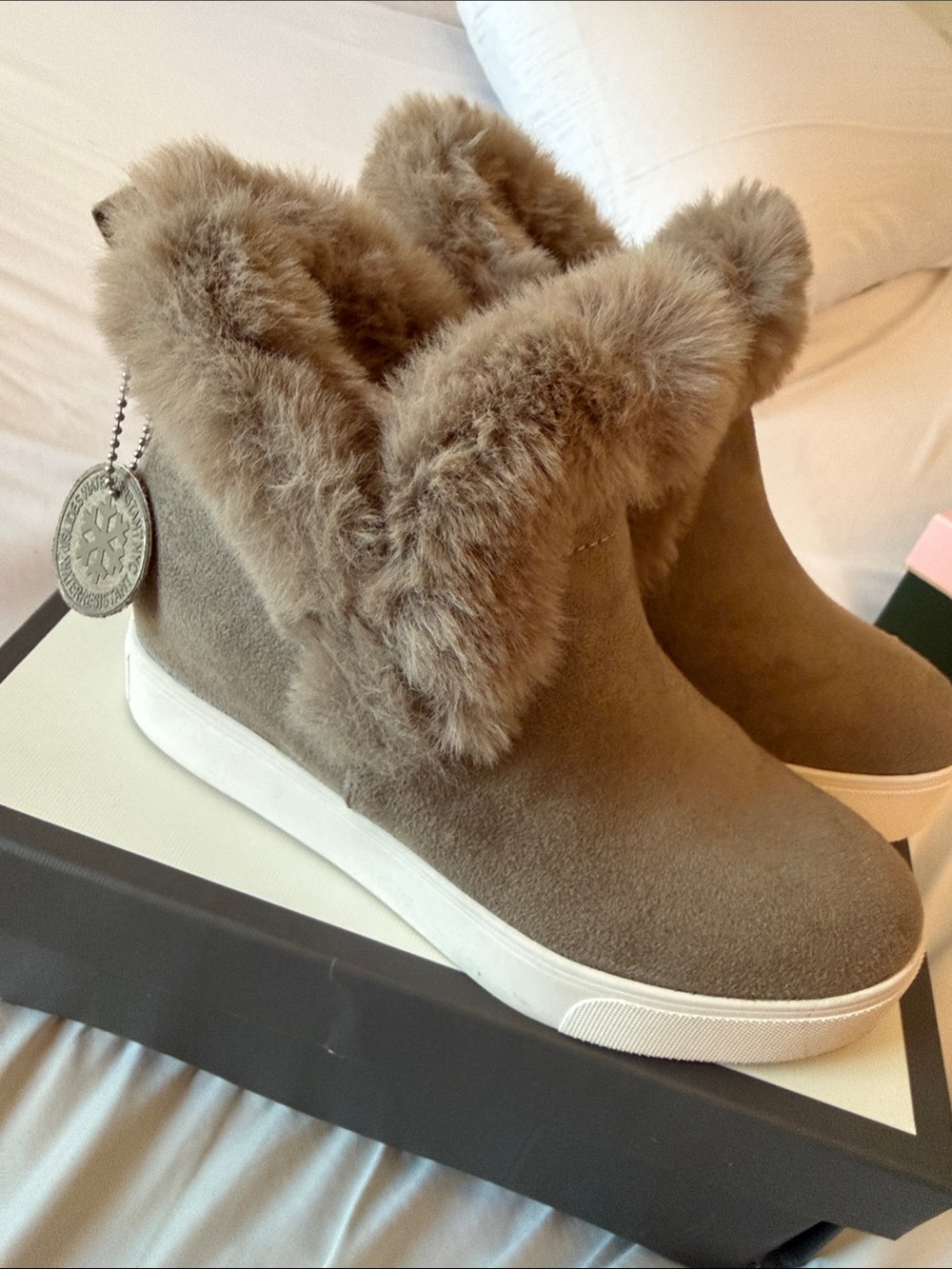J Slides Taupe Faux-Fur Slip-On Wedge Boots
